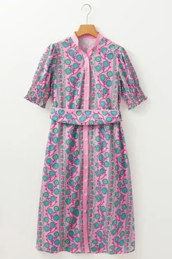 Discount Dear-Lover Floral Shirred Puff Sleeve Buttoned Front Midi Dress with Sash Pink