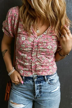 Best Dear-Lover Floral Short Puff Sleeve V Neck Ruched Blouse Pink