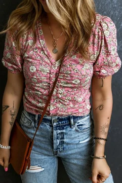 Best Dear-Lover Floral Short Puff Sleeve V Neck Ruched Blouse Pink