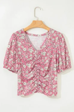 Best Dear-Lover Floral Short Puff Sleeve V Neck Ruched Blouse Pink