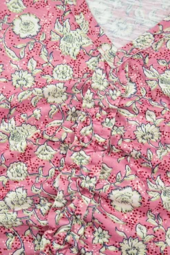 Best Dear-Lover Floral Short Puff Sleeve V Neck Ruched Blouse Pink