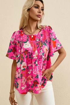 Best Dear-Lover Floral Short Sleeve Smocked Blouse Pink