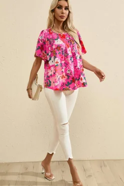 Best Dear-Lover Floral Short Sleeve Smocked Blouse Pink