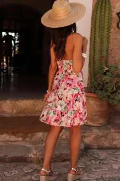 Online Dear-Lover Floral Sleeveless Halter Neck Shirred Back Ruffled Mini Dress Pink