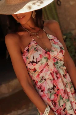 Online Dear-Lover Floral Sleeveless Halter Neck Shirred Back Ruffled Mini Dress Pink