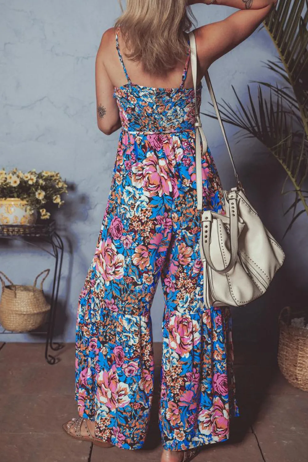 Hot Dear-Lover Floral Smocked Bust Spaghetti Straps Wide Leg Jumpsuit Pink