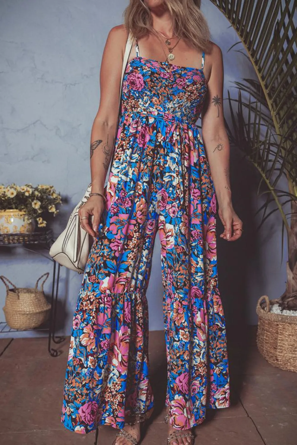 Hot Dear-Lover Floral Smocked Bust Spaghetti Straps Wide Leg Jumpsuit Pink