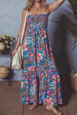 Hot Dear-Lover Floral Smocked Bust Spaghetti Straps Wide Leg Jumpsuit Pink