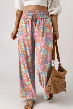Fashion Dear-Lover Floral Smocked Waist Loose Pants Pink