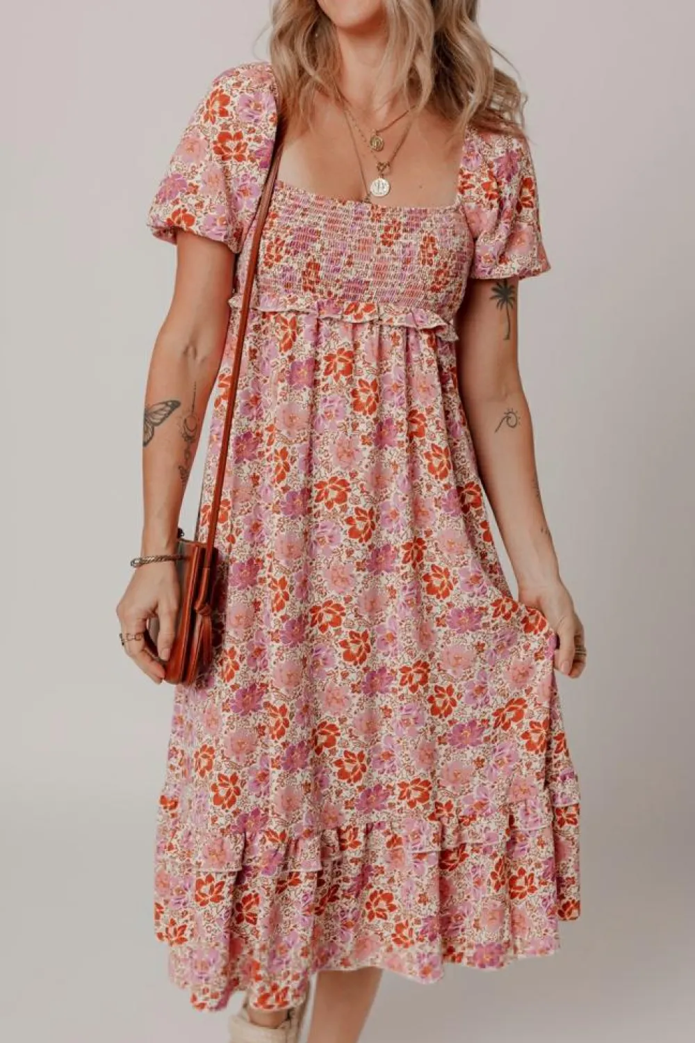 Hot Dear-Lover Floral Square Neck Knotted Ruffle Midi Dress Pink