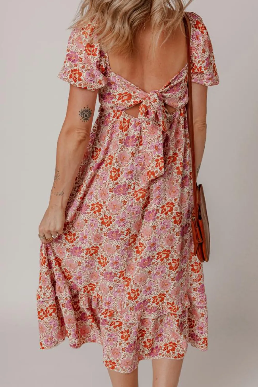 Hot Dear-Lover Floral Square Neck Knotted Ruffle Midi Dress Pink
