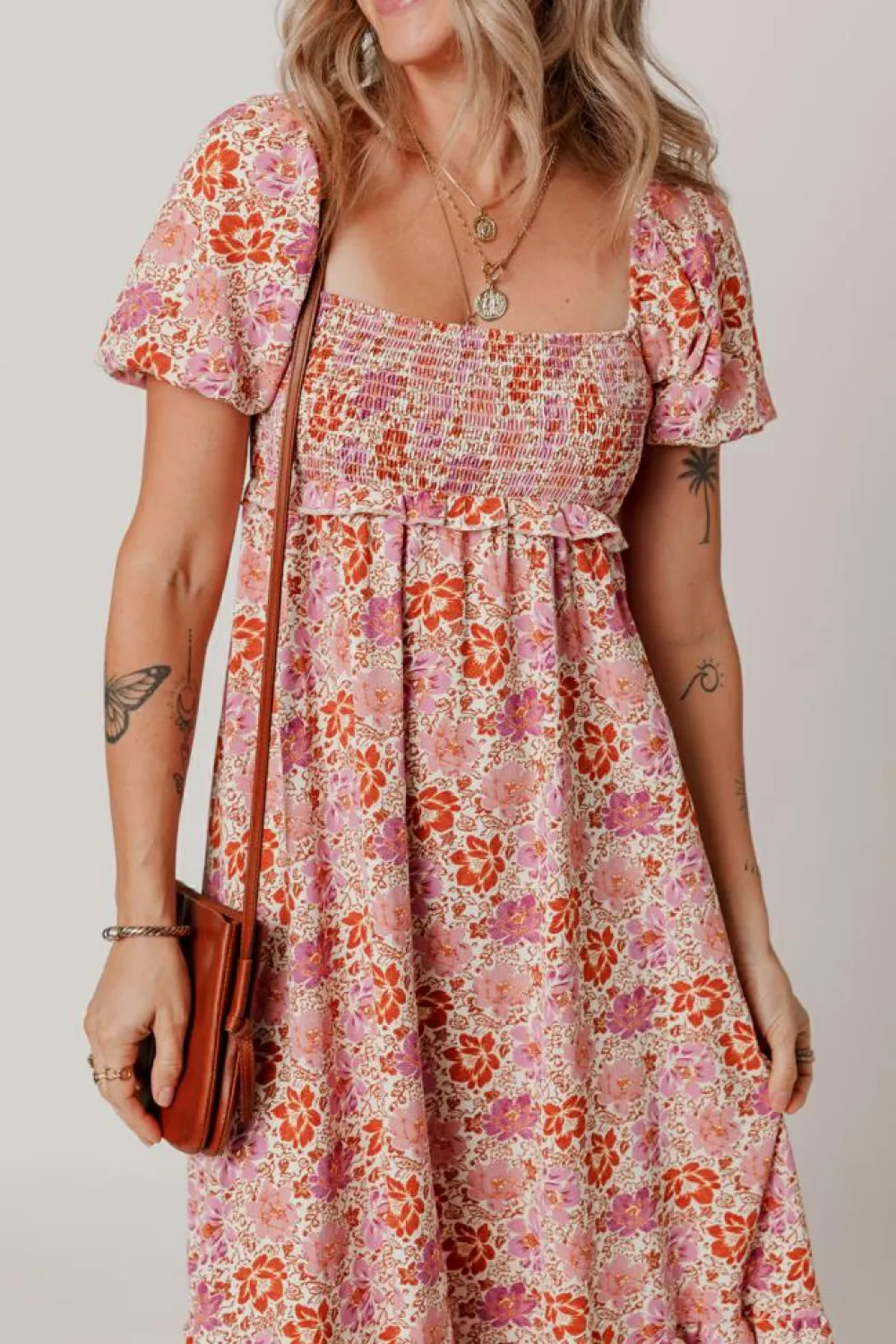 Hot Dear-Lover Floral Square Neck Knotted Ruffle Midi Dress Pink
