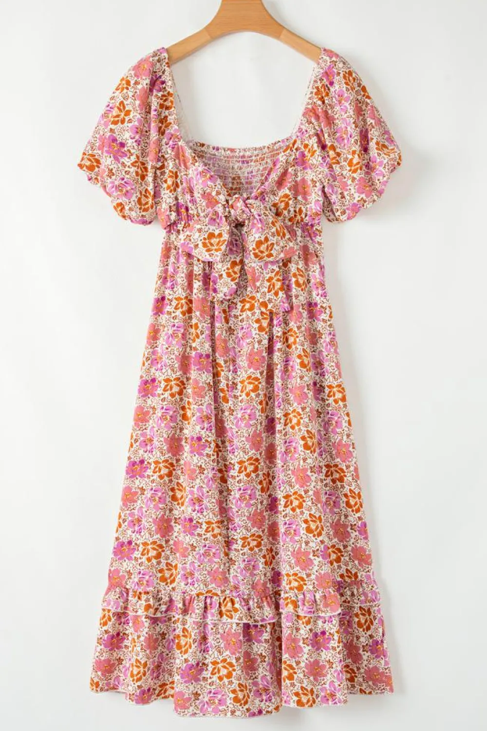 Hot Dear-Lover Floral Square Neck Knotted Ruffle Midi Dress Pink