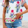 Outlet Dear-Lover Floral Striped Patchwork Short Sleeve Split Neck Blouse Pink