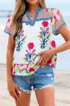 Outlet Dear-Lover Floral Striped Patchwork Short Sleeve Split Neck Blouse Pink