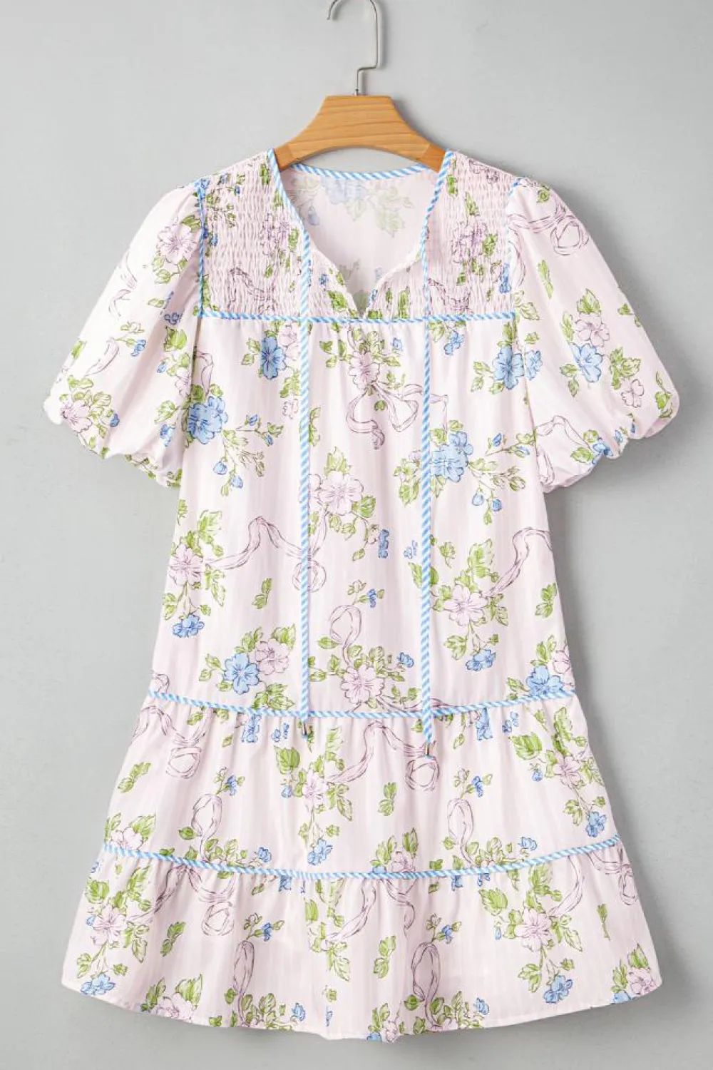 Discount Dear-Lover Floral Striped Print Contrast Trim Tie Split Neck Mini Dress Pink