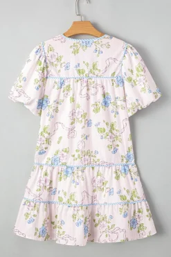 Discount Dear-Lover Floral Striped Print Contrast Trim Tie Split Neck Mini Dress Pink