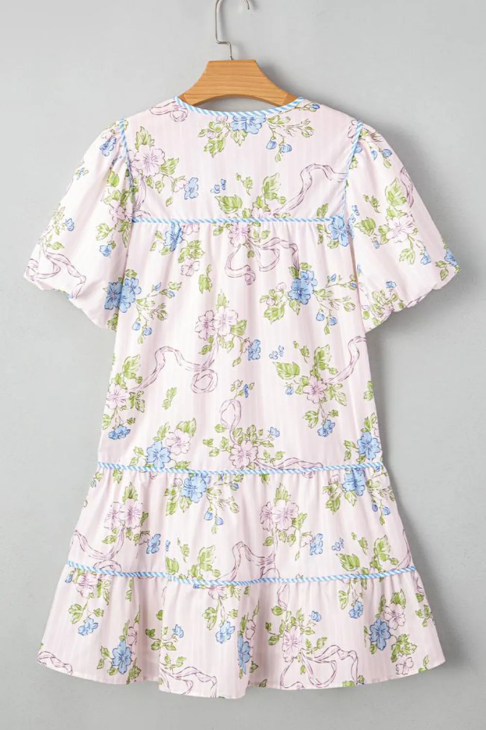 Discount Dear-Lover Floral Striped Print Contrast Trim Tie Split Neck Mini Dress Pink