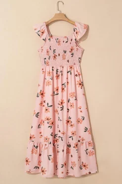 Online Dear-Lover Floral V Neck Smocked High Waist Ruffle Hem Long Dress Pink