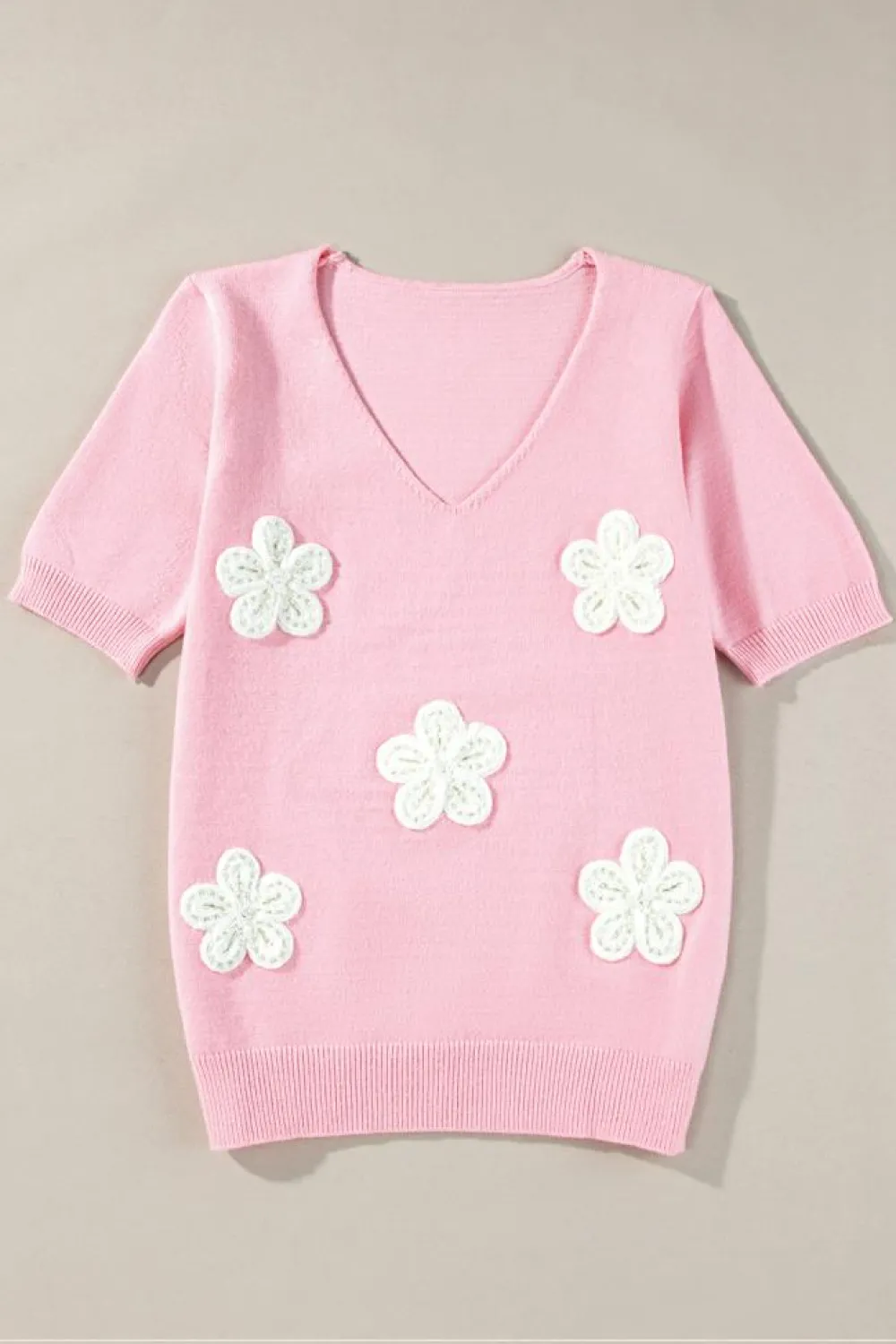 New Dear-Lover Flower Crochet V Neck Short Sleeve Sweater Pink