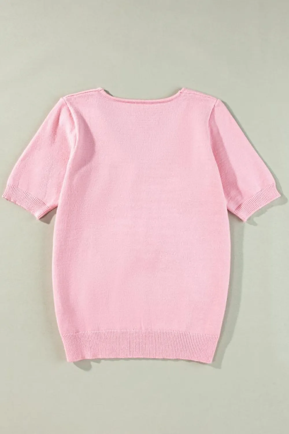 New Dear-Lover Flower Crochet V Neck Short Sleeve Sweater Pink