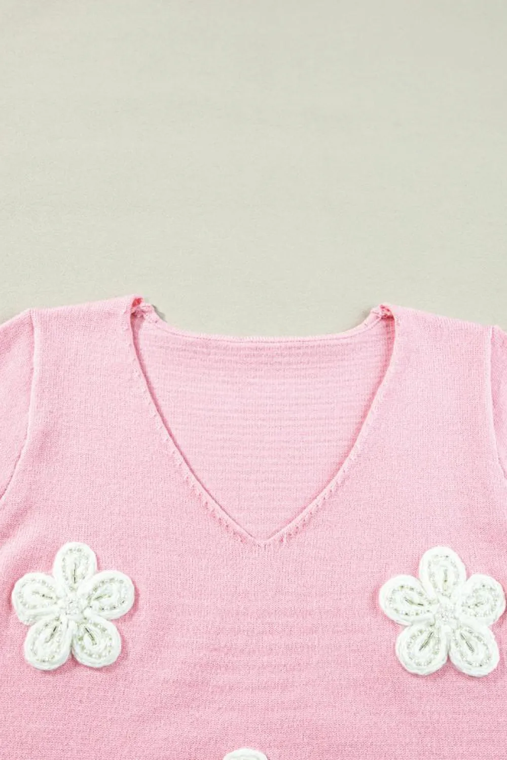 New Dear-Lover Flower Crochet V Neck Short Sleeve Sweater Pink