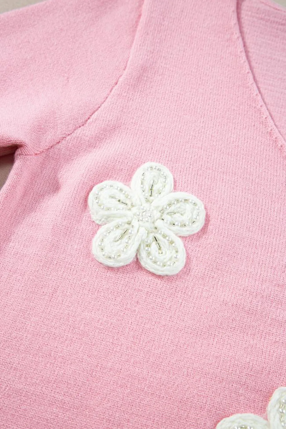 New Dear-Lover Flower Crochet V Neck Short Sleeve Sweater Pink