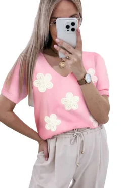 New Dear-Lover Flower Crochet V Neck Short Sleeve Sweater Pink