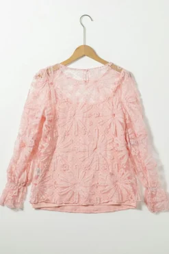 Sale Dear-Lover Flower Dotted Ruffled Sleeve Mesh Top Pink