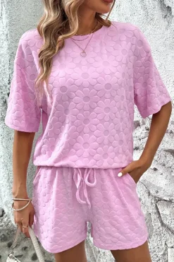 Best Dear-Lover Flower Embossed Texture Short 2pcs Outfit Pink