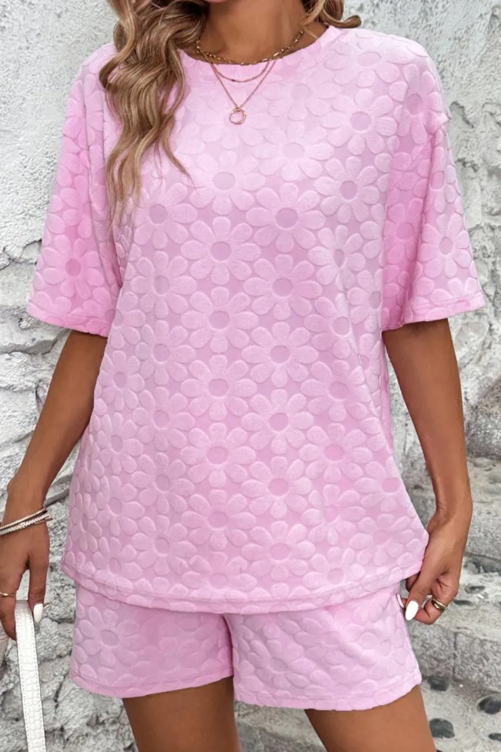 Best Dear-Lover Flower Embossed Texture Short 2pcs Outfit Pink