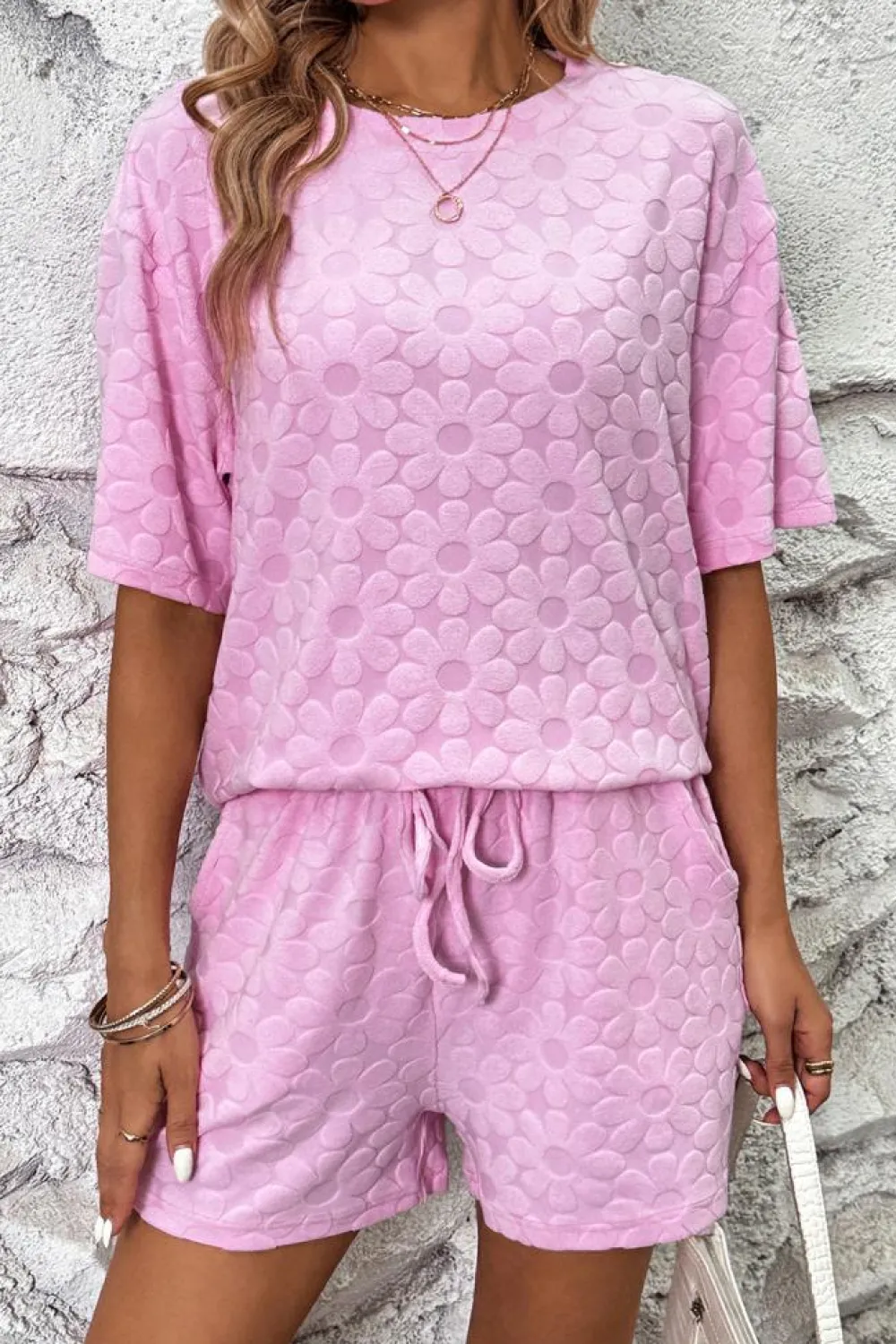 Best Dear-Lover Flower Embossed Texture Short 2pcs Outfit Pink