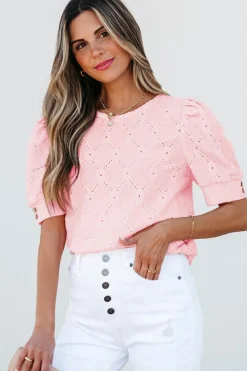 Online Dear-Lover Flower Geometric Textured Button Short Sleeve Top Pink