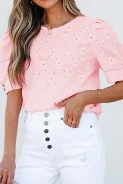 Online Dear-Lover Flower Geometric Textured Button Short Sleeve Top Pink
