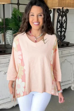 Hot Dear-Lover Flower Patchwork Exposed Seam Oversized High Low Top Pink