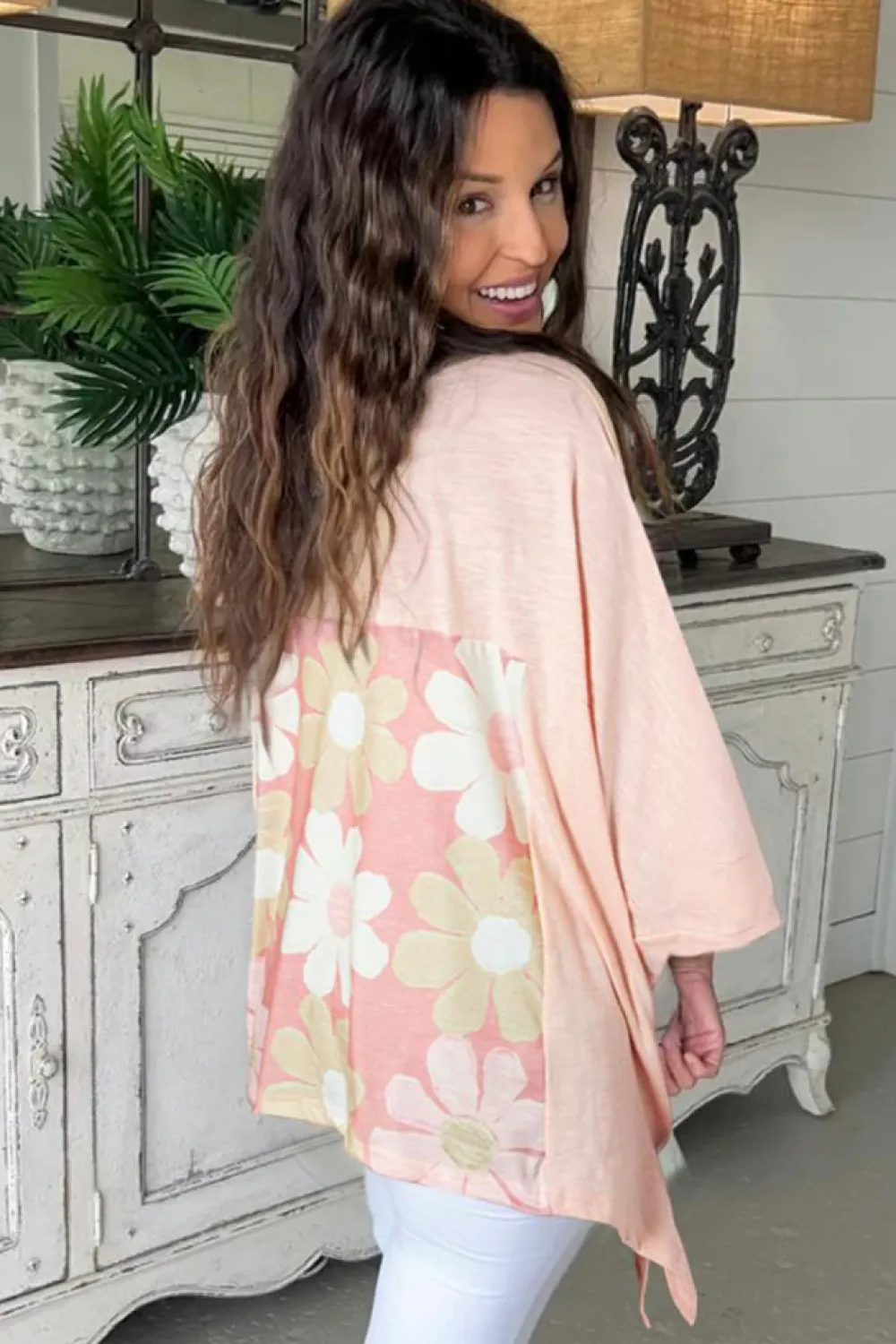 Hot Dear-Lover Flower Patchwork Exposed Seam Oversized High Low Top Pink