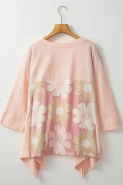 Hot Dear-Lover Flower Patchwork Exposed Seam Oversized High Low Top Pink