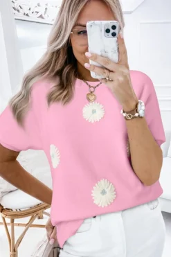 New Dear-Lover Flower Pattern Short Sleeve Knitted Top Pink