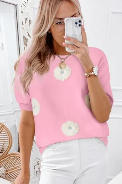 New Dear-Lover Flower Pattern Short Sleeve Knitted Top Pink