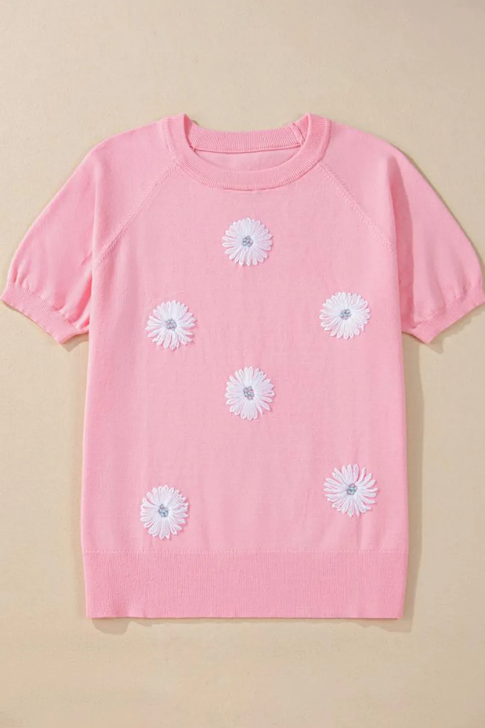New Dear-Lover Flower Pattern Short Sleeve Knitted Top Pink