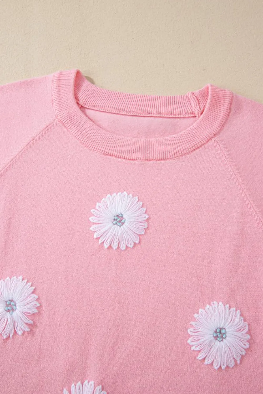 New Dear-Lover Flower Pattern Short Sleeve Knitted Top Pink