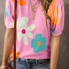 New Dear-Lover Flower Print Bubble Sleeve Tee Pink