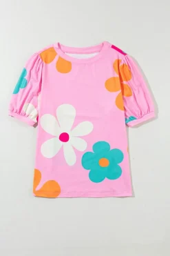 New Dear-Lover Flower Print Bubble Sleeve Tee Pink