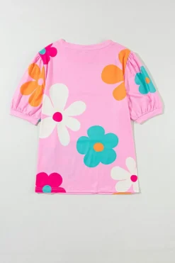 New Dear-Lover Flower Print Bubble Sleeve Tee Pink