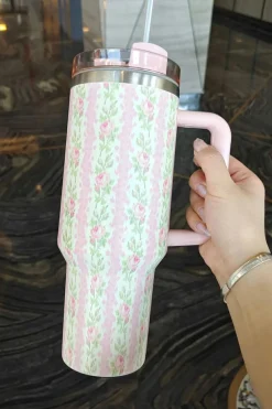 Clearance Dear-Lover Flower Print Large Insulated Tumbler with Handle 40oz Pink