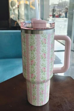 Clearance Dear-Lover Flower Print Large Insulated Tumbler with Handle 40oz Pink