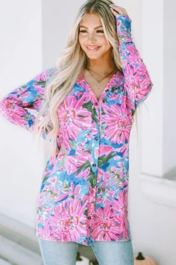 Fashion Dear-Lover Flower Print Long Sleeve Button Up Cardigan Pink