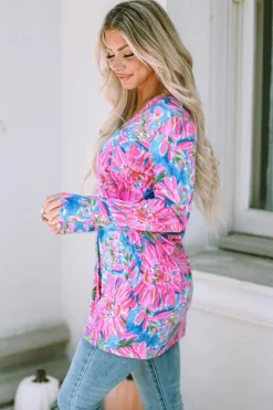 Fashion Dear-Lover Flower Print Long Sleeve Button Up Cardigan Pink