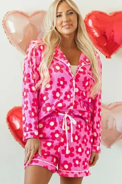 Clearance Dear-Lover Flower Print Long Sleeve Shirt Shorts Pajamas Set Pink