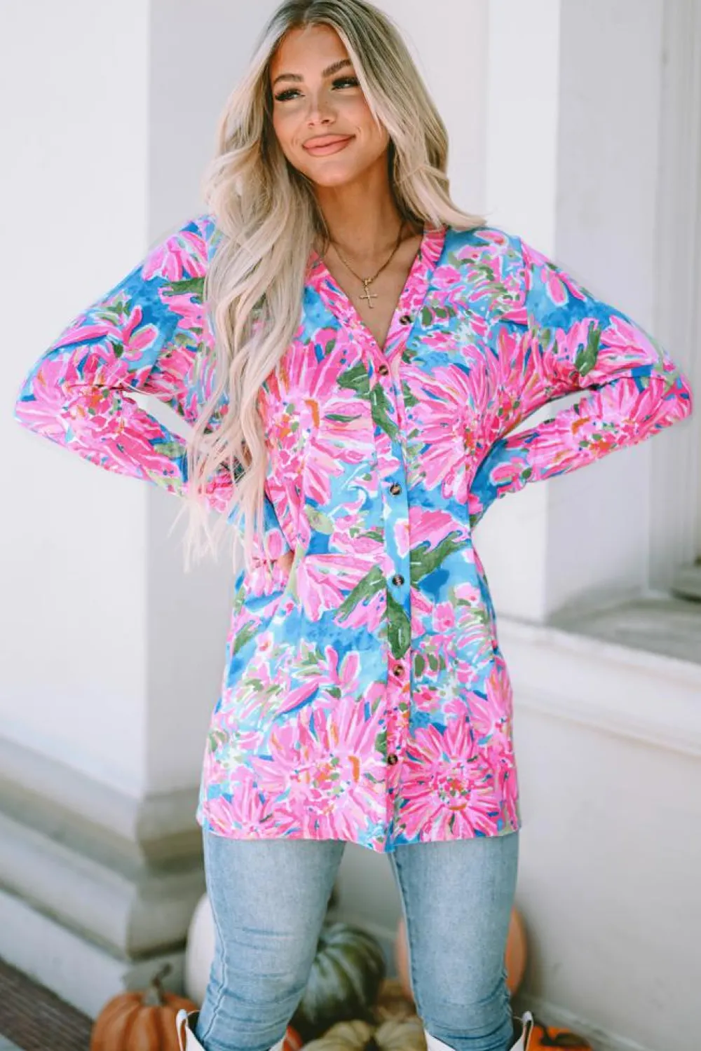 Fashion Dear-Lover Flower Print Long Sleeve Button Up Cardigan Pink